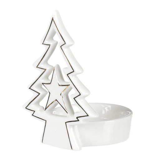Svícen na kónickou svíčku - porcelán, stromek a hvězda, bílý
