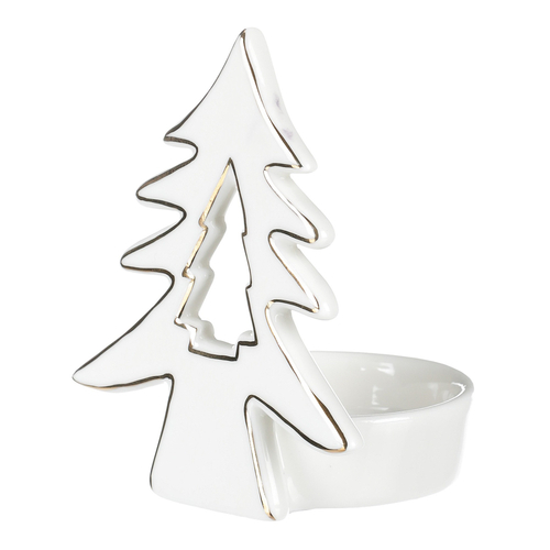 Svícen na kónickou svíčku - porcelán, se stromečkem, bílý