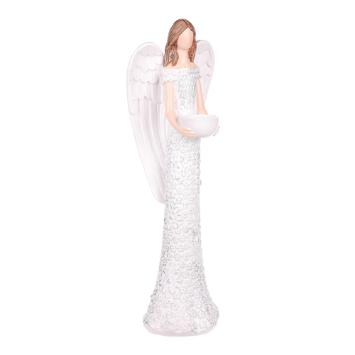 Anděl z polyresinu, svícen, barva bílá.