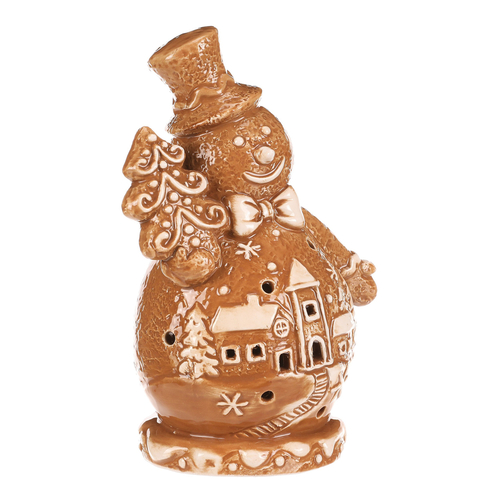 Sněhulák perníkový - keramika, LED osvětlení, hnědý