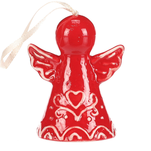 Zvonek perníkový - keramika, tvar anděl, závěsný, hnědý