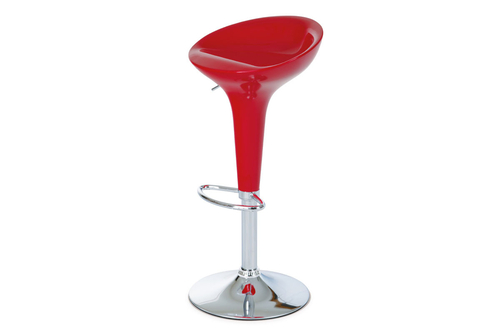 Barová židle, červený plast, chromová podnož, výškově nastavitelná