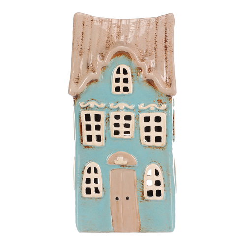 Domeček keramický - patrový, na čajovou svíčku, sv. modrý