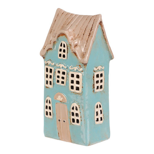 Domeček keramický - patrový, na čajovou svíčku, sv. modrý
