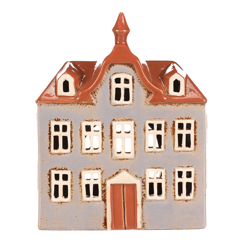 Domeček keramický - radnice, na čajovou svíčku, sv. modrý