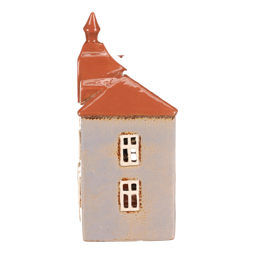 Domeček keramický - radnice, na čajovou svíčku, sv. modrý