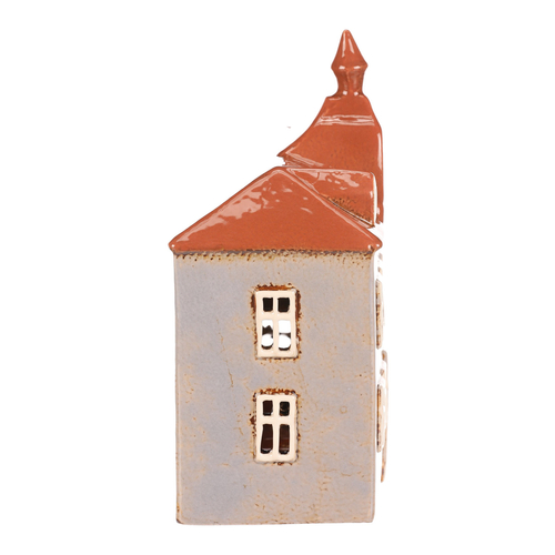 Domeček keramický - radnice, na čajovou svíčku, sv. modrý