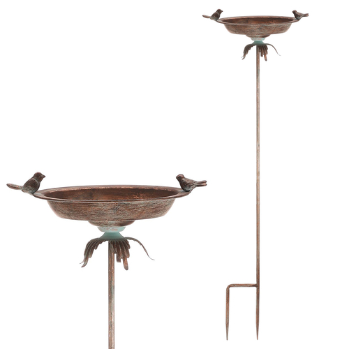 Krmítko/pítko - kovový zápich, 100 cm, s ptáčky, barva měděná
