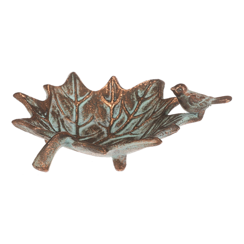 Krmítko/pítko kovové - javorový list s ptáčkem, měděné