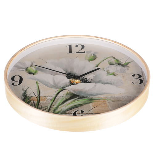 Hodiny nástěnné - pr. 40 cm, MDF a dřevený rám, kvetoucí mák