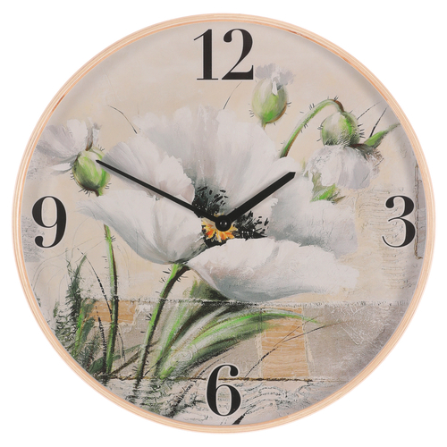 Hodiny nástěnné - pr. 40 cm, MDF a dřevený rám, kvetoucí mák