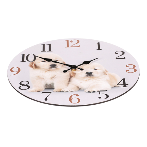 Hodiny nástěnné - pr. 34 cm, MDF, motiv štěňat