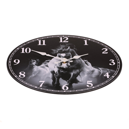 Hodiny nástěnné - pr. 34 cm, MDF, černo-bílé, motiv koní