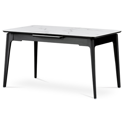 Jídelní stůl 140+40x80 cm, keramická deska bílý mramor, masiv, černý matný lak