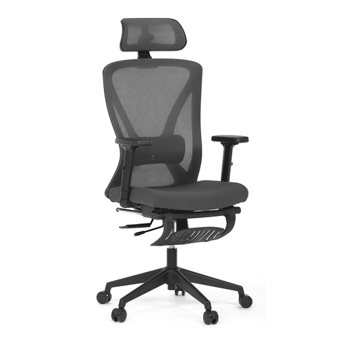 Židle kancelářská, šedá MESH, plastový kříž, opěrka nohou, posuvný sedák, 2D područky