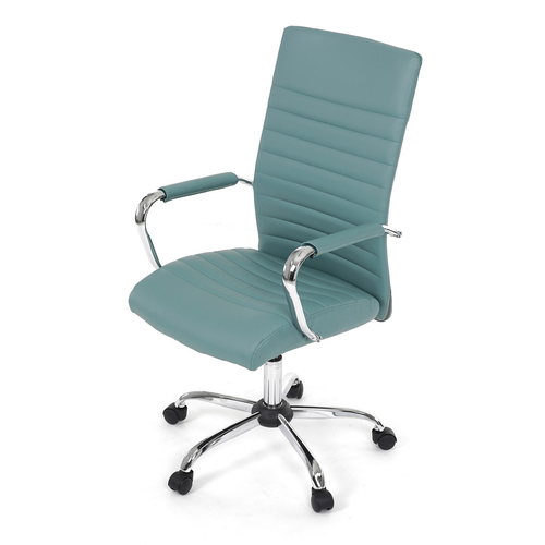 Kancelářská židle, modrá ekokůže, houpací mech, kolečka pro tvrdé podlahy, chromový kříž