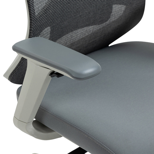 Kancelářská židle, šedý plast, šedá průžná látka a mesh, 4D područky, kolečka pro tvrdé podlahy, multifunkční mechanismu