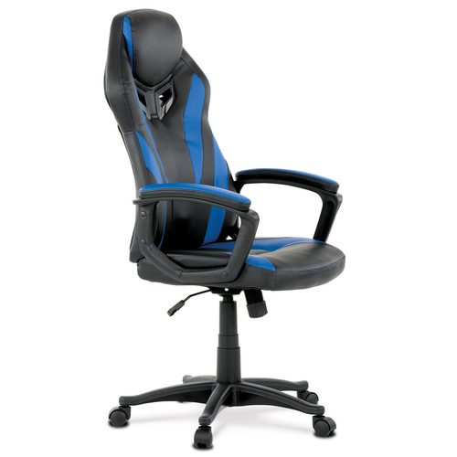 Herní židle, potah - modrá a černá ekokůže, houpací mechanismus
