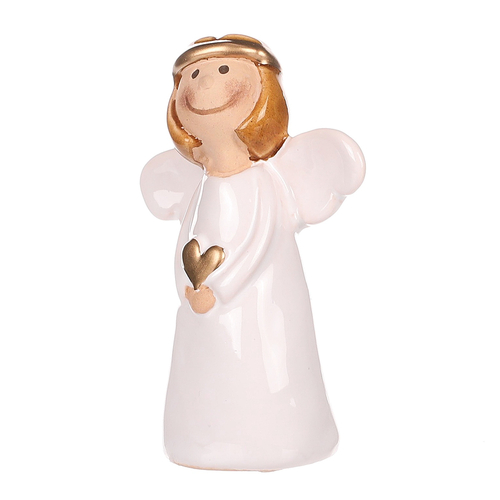 Anděl - keramická figurka, bílý držící zlaté srdce
