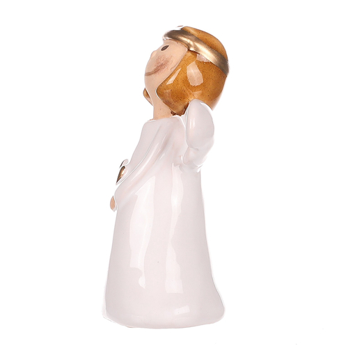Anděl - keramická figurka, bílý držící zlaté srdce