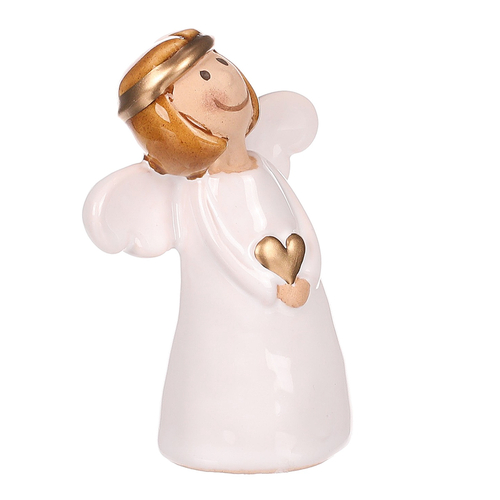 Anděl - keramická figurka, bílý držící zlaté srdce