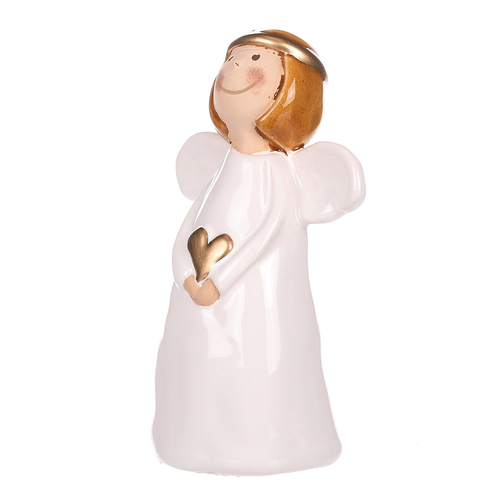 Anděl - keramická figurka, bílá se zlatým srdcem