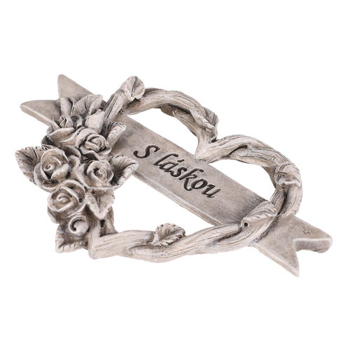 Srdce s růžemi a stuhou - pietní, polyresin, šedá