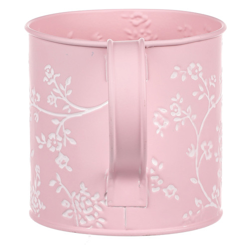 Obal kovový - konev, v růžové barvě s bílými růžemi