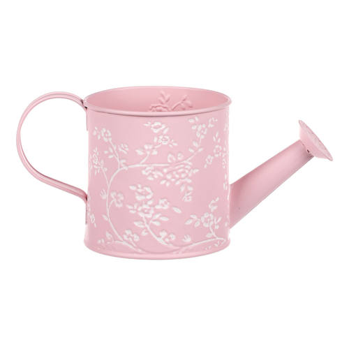 Obal kovový - konev, v růžové barvě s bílými růžemi