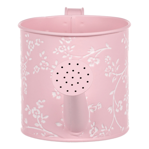 Obal kovový - konev, v růžové barvě s bílými růžemi
