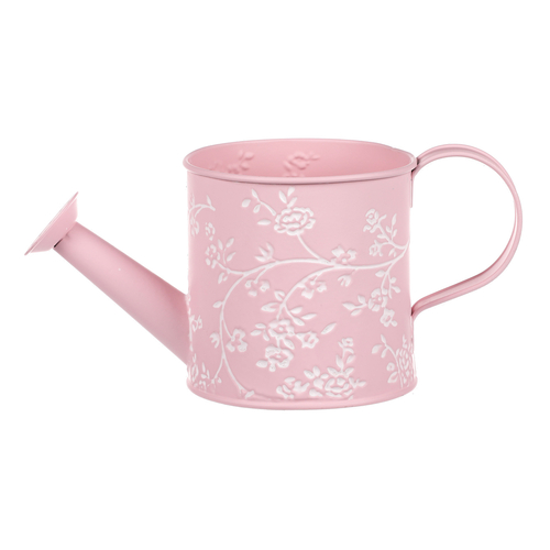 Obal kovový - konev, v růžové barvě s bílými růžemi