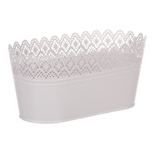 Obal kovový - truhlík, krajkový okraj, barva šedá