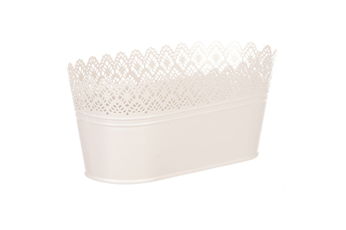 Obal kovový - truhlík, krajkový okraj, barva krémová