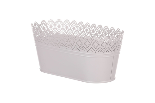 Obal kovový - truhlík, krajkový okraj, barva šedá