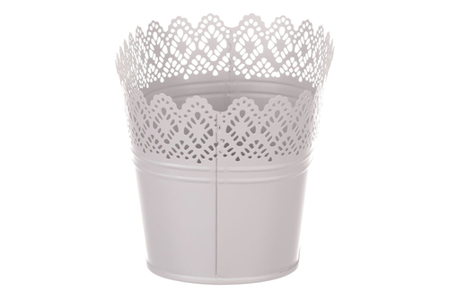 Obal kovový - truhlík, krajkový okraj, barva šedá