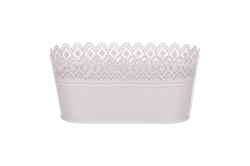 Obal kovový - truhlík, krajkový okraj, barva šedá