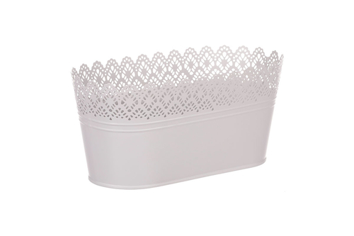 Obal kovový - truhlík, krajkový okraj, barva šedá