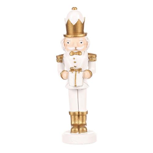 Voják s dárkem - figurka na postavení, polyresin, barva bílo-zlatá