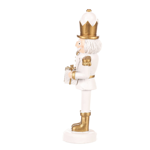 Voják s dárkem - figurka na postavení, polyresin, barva bílo-zlatá
