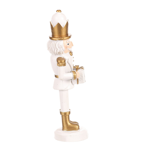 Voják s dárkem - figurka na postavení, polyresin, barva bílo-zlatá