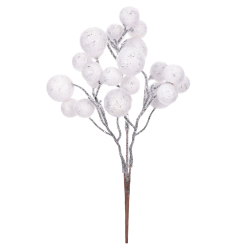 Větev umělá - bílé bobule, přízdoba se trřpytkami, cena za 1 ks