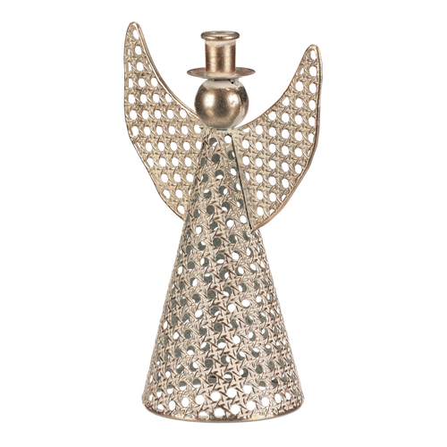 Anděl kovový - 28 cm, na kónickou svíčku, champagne