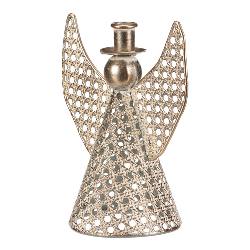 Anděl kovový - 22 cm, na kónickou svíčku, champagne
