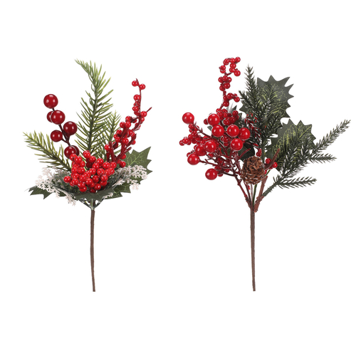 Větev umělá - jehličí, listí a červené bobule, mix 2, cena za 1 ks