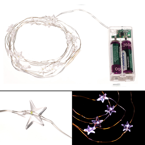 Řetěz s LED světýlky - časovač, hvězdičky, studená bílá barva, 2 m/20 LED