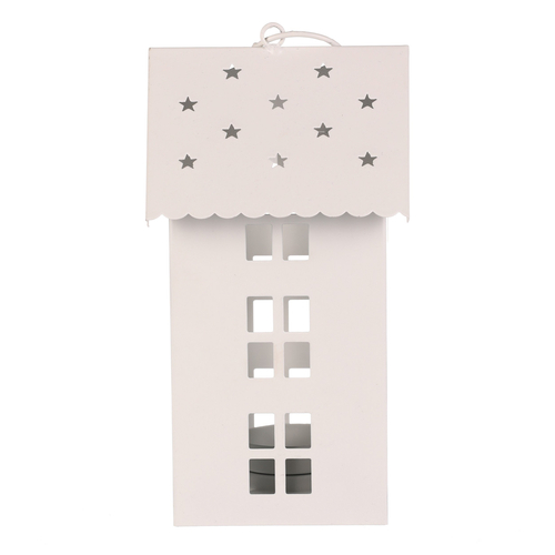 Lucerna mini - kovová, LED svíčka, patrový domek, bílá