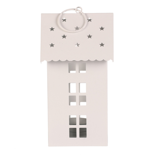 Lucerna mini - kovová, LED svíčka, patrový domek, bílá