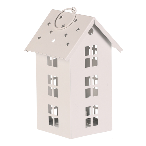 Lucerna mini - kovová, LED svíčka, patrový domek, bílá