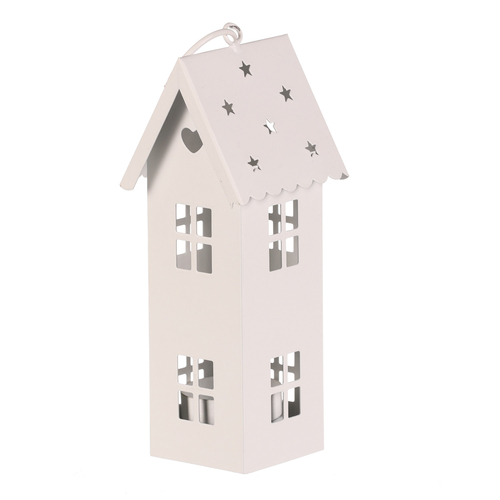 Lucerna mini - kovová, LED svíčka, patrový domek, bílá