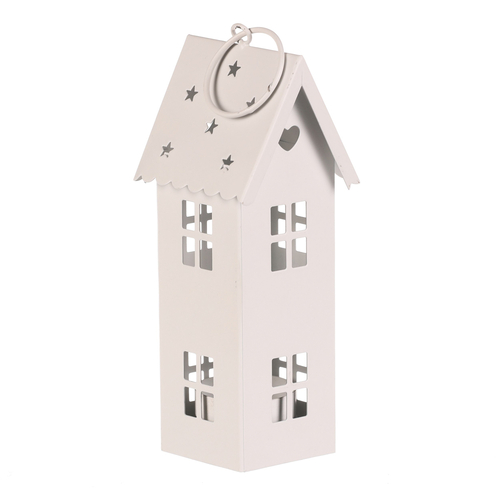 Lucerna mini - kovová, LED svíčka, patrový domek, bílá